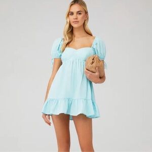 Amanda Uprichard Sicily Babydoll Mini Dress in Light Turquoise Blue, M‎